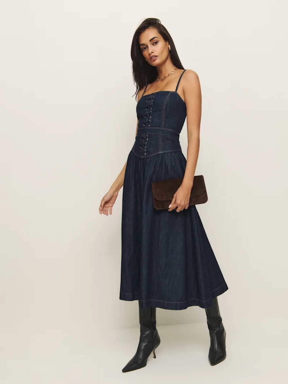 Reformation Florentina Midi Dark Blue Denim Lace-Up Midi Dress Size 8 DM4